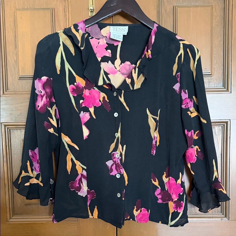 Black Silk Floral Button-Front Blouse with Pink & Gold Accents